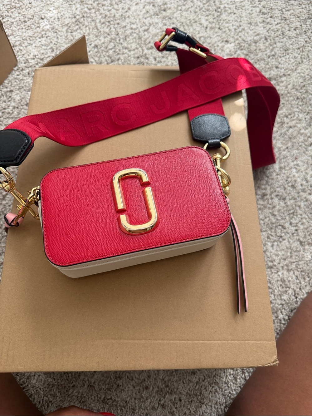 Marc Jacobs Red and Cream Snapshot Crossbody with Branded Strap